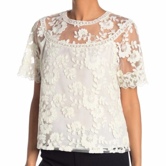 Laundry By Shelli Segal Embroidered Mesh Short Sle - Picture 1 of 5